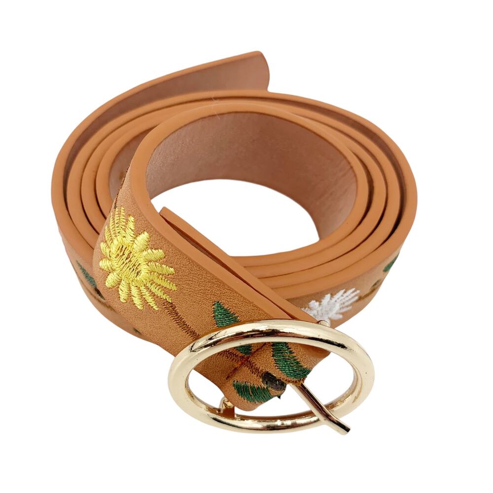 Belt Camel Tan Floral Embroidery Flowers Vegan Leather 31"-37" Total 41" - Picture 6 of 8